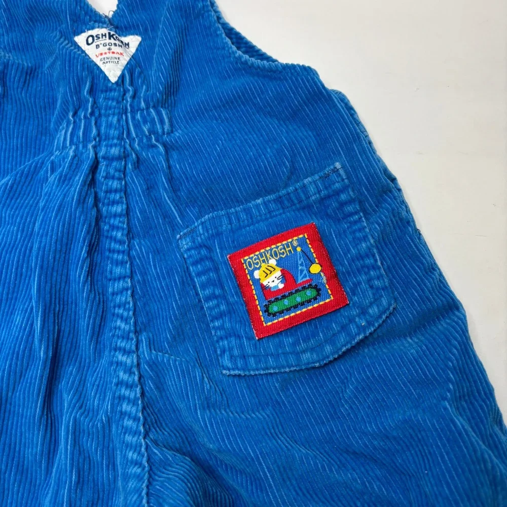 Vintage OshKosh Blue Corduroy Overalls Baby Boys‎ 18 Mo Construction Mouse Patch